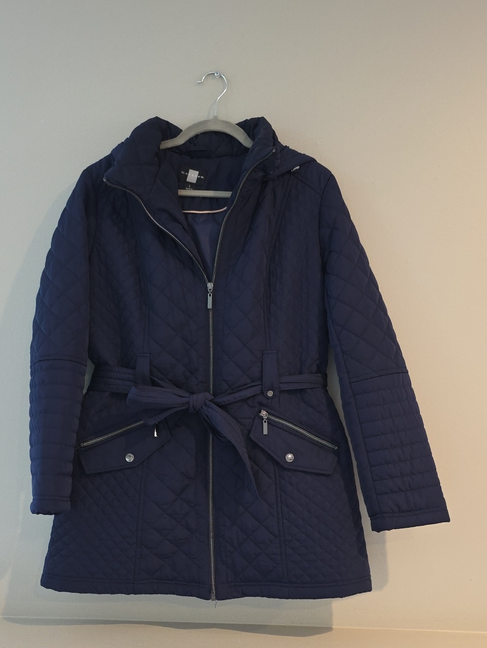 Gallery Navy Quilted Packable Puffer Coat with Tie Belt